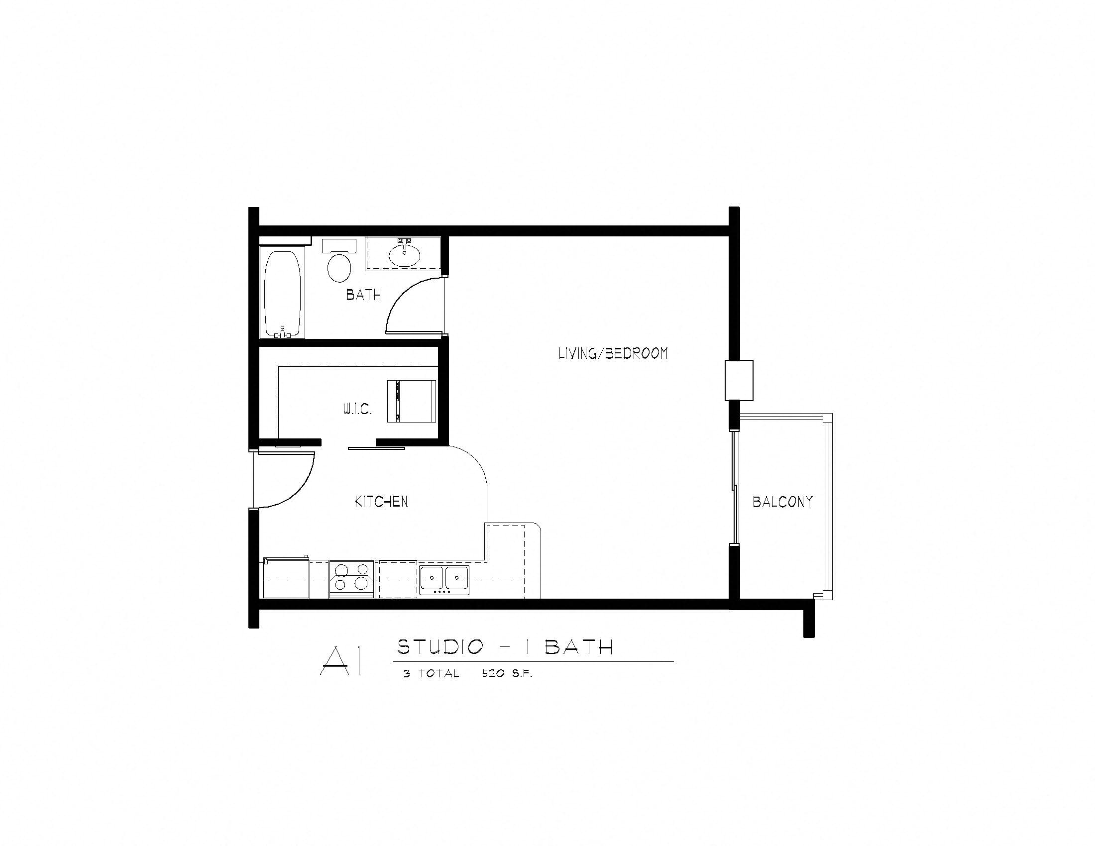 Floor plan for studio, 1 bath, 675 sqft